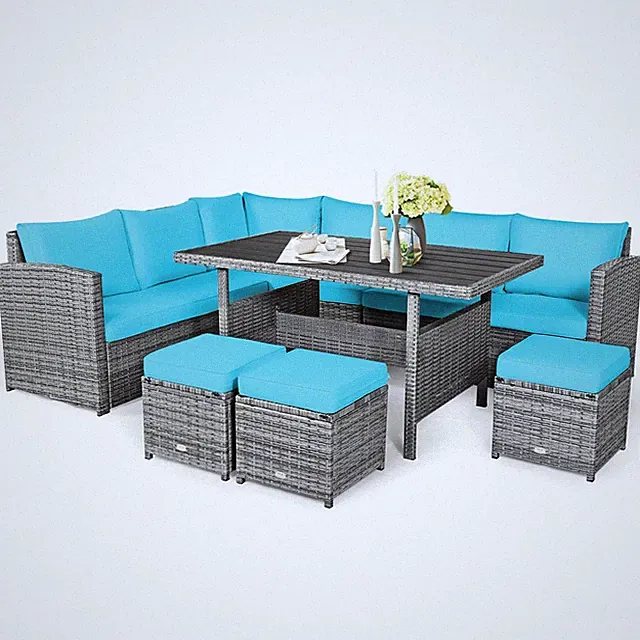 Patiojoy 7 PCS Patio Rattan Dining Set Sectional Sofa Couch Ottoman Turquoise