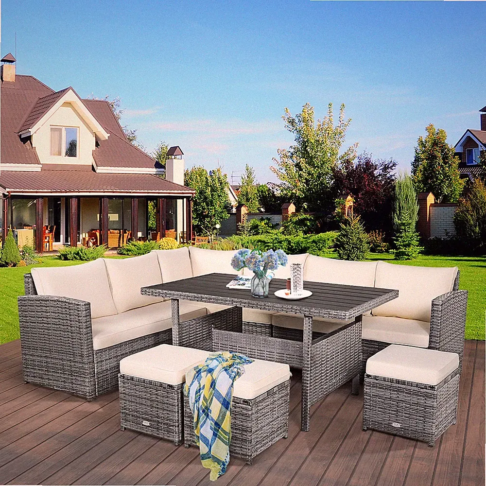 Patiojoy 7 PCS Patio Rattan Dining Set Sectional Sofa Couch Ottoman White Garden