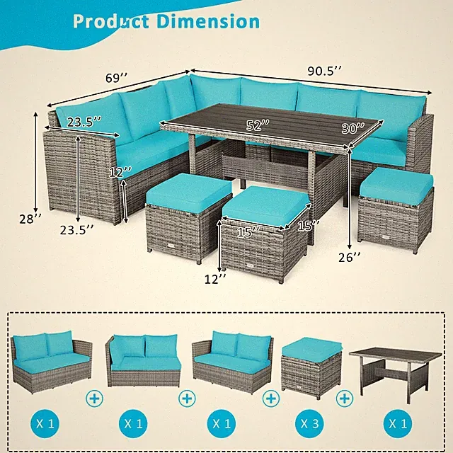 Patiojoy 7 PCS Patio Rattan Dining Set Sectional Sofa Couch Outdoor Turquoise