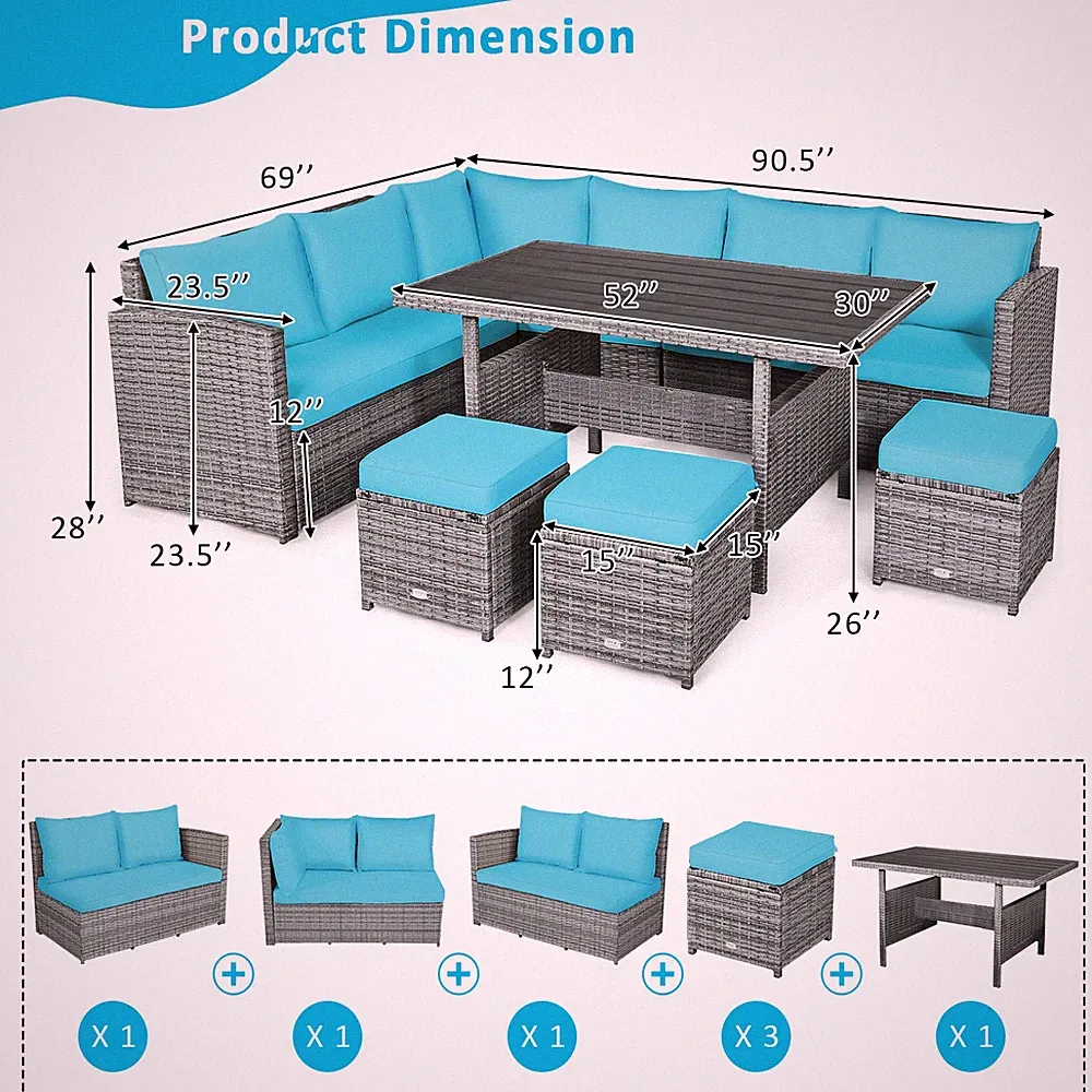 Patiojoy 7 PCS Patio Rattan Dining Set Sectional Sofa Couch Outdoor Turquoise
