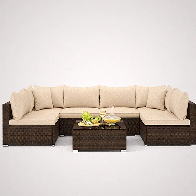 Patiojoy 7PCS Patio Rattan Furniture Set Sectional Sofa Cushioned Garden Beige