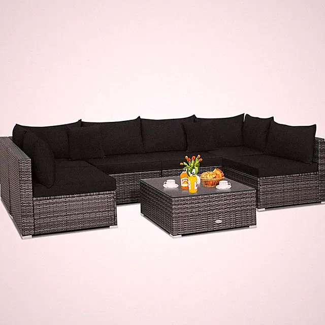 Patiojoy 7PCS Patio Rattan Furniture Set Sectional Sofa Cushioned Garden Black
