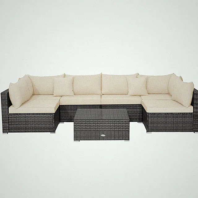 Patiojoy 7PCS Patio Rattan Furniture Set Sectional Sofa Cushioned Garden Brown