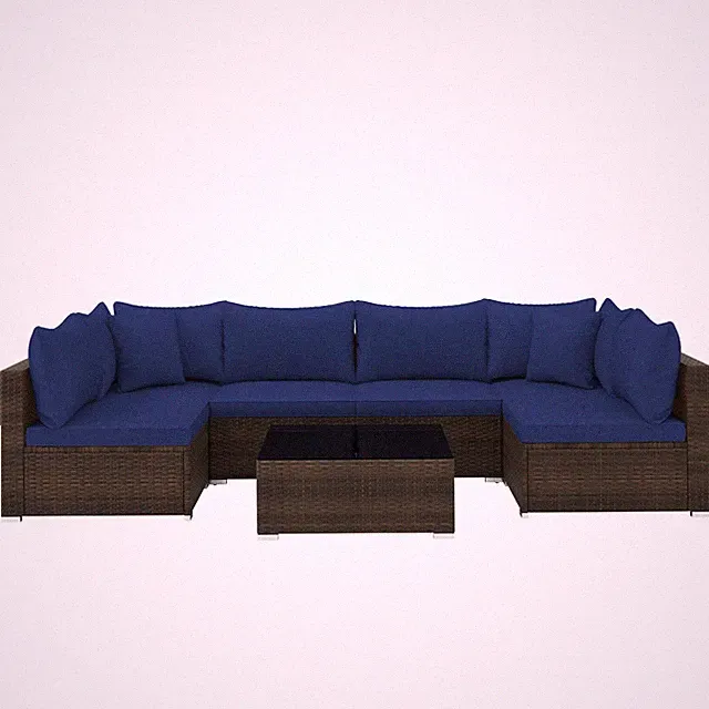 Patiojoy 7PCS Patio Rattan Furniture Set Sectional Sofa Cushioned Garden Navy