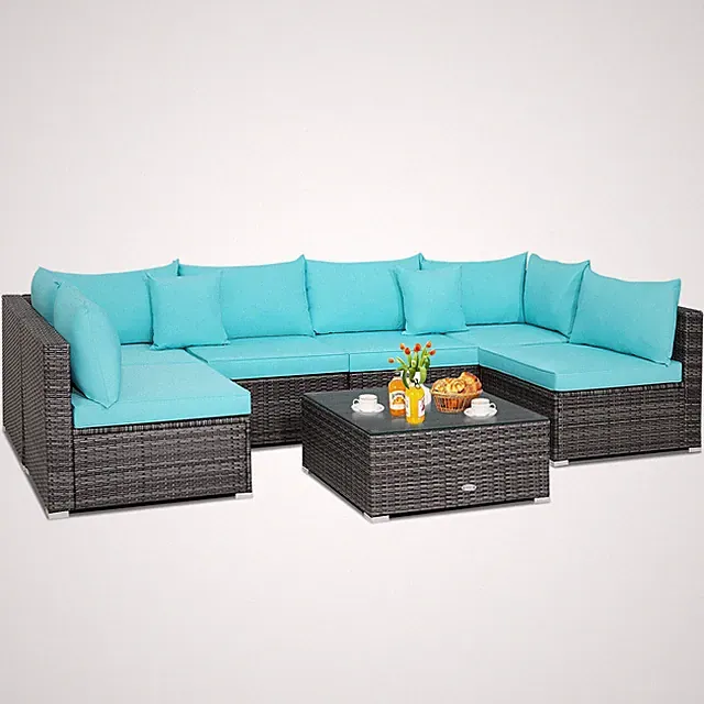 Patiojoy 7PCS Patio Rattan Furniture Set Sectional Sofa Cushioned Turquoise