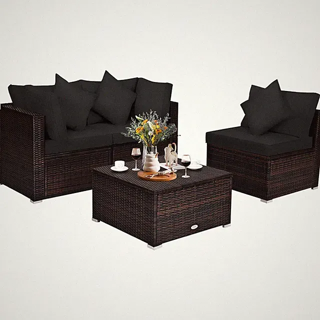 Patiojoy Outdoor 4PCS Rattan Furniture Set Sofa Ottoman Cushion Garden Deck