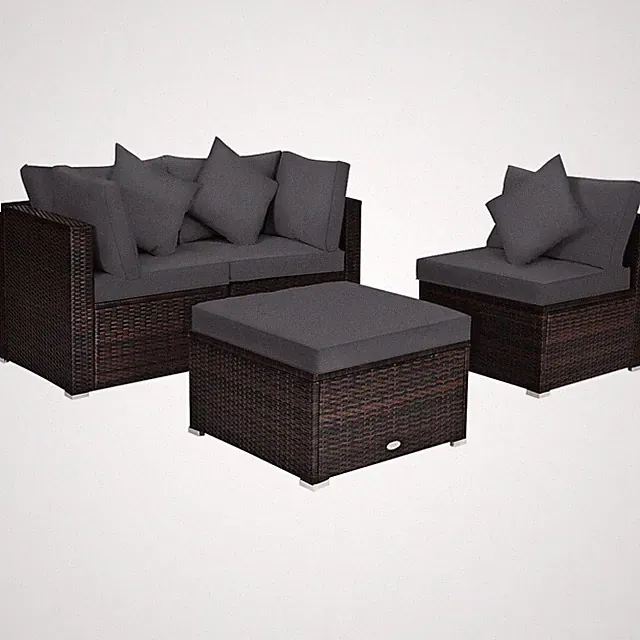 Patiojoy Outdoor 4PCS Rattan Furniture Set Sofa Ottoman Cushion Garden Deck Grey