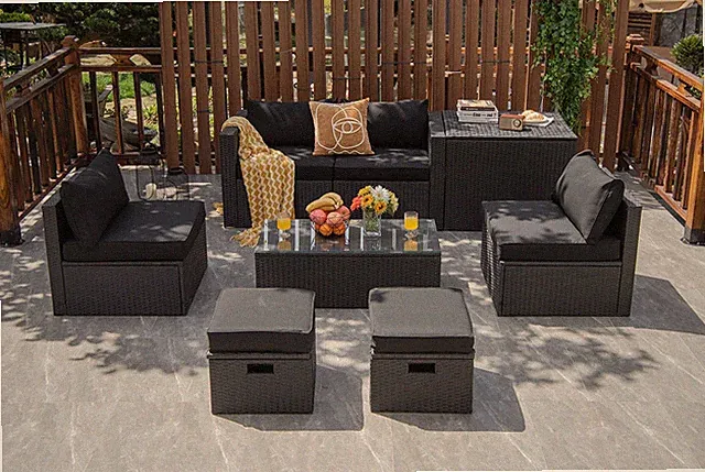 Patiojoy Outdoor 8PCS Rattan Furniture Set Storage Table Ottoman Black