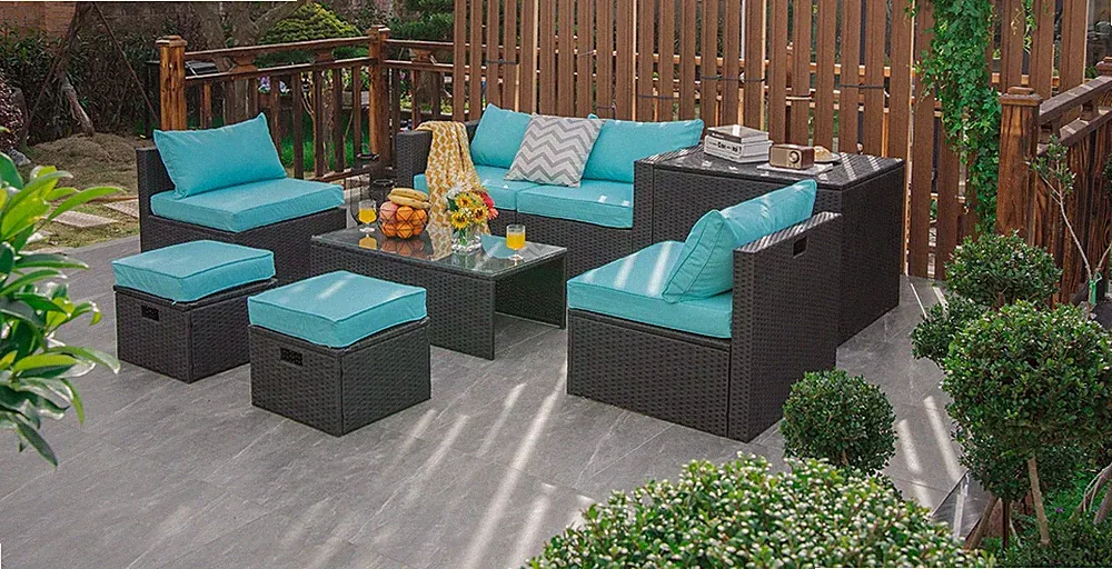 Patiojoy Outdoor 8PCS Rattan Furniture Set Storage Table Ottoman Turquoise