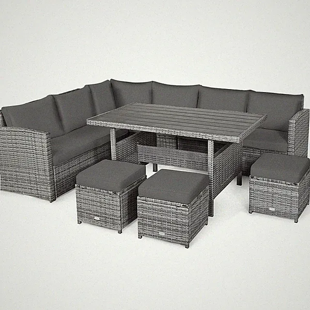 Patiojoy Outdoor Rattan Dining Set 7 PCS Sectional Sofa Couch Ottoman Yard Gray