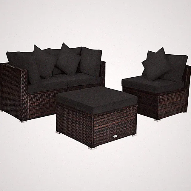 Patiojoy Patio 4PCS Rattan Furniture Set Sofa Ottoman Cushion Garden Deck Black