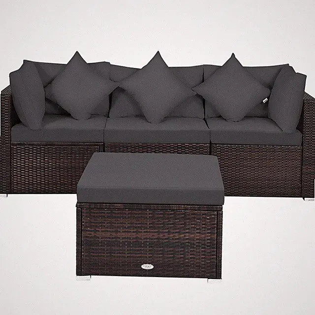 Patiojoy Patio 4PCS Rattan Furniture Set Sofa Ottoman Cushion Garden Deck Grey