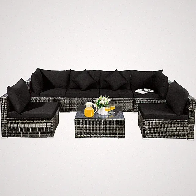 Patiojoy Patio 7PCS Rattan Furniture Set Sectional Sofa Garden Black Cushion