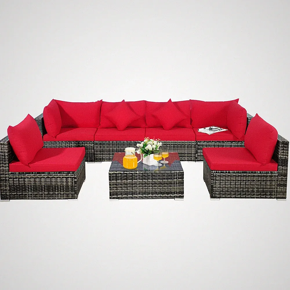 Patiojoy Patio 7PCS Rattan Furniture Set Sectional Sofa Garden Red Cushion