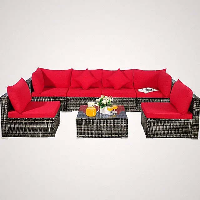 Patiojoy Patio 7PCS Rattan Furniture Set Sectional Sofa Garden Red Cushion