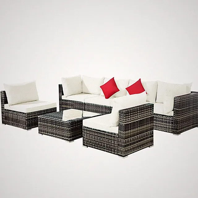 Patiojoy Patio 7PCS Rattan Furniture Set Sectional Sofa Garden White Cushion