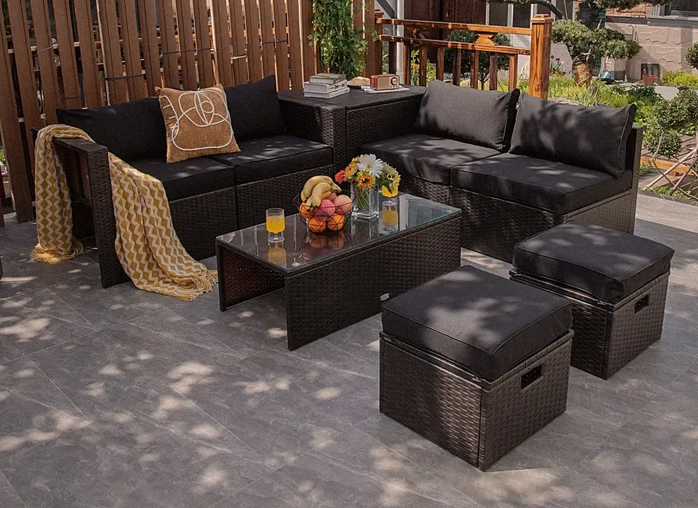 Patiojoy Patio 8PCS Rattan Furniture Set Space-Saving Storage Cushion Black