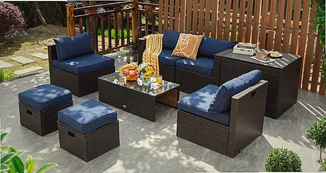 Patiojoy Patio 8PCS Rattan Furniture Set Space-Saving Storage Cushion Navy