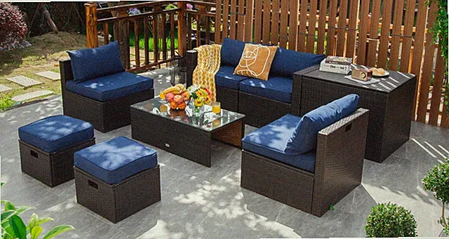 Patiojoy Patio 8PCS Rattan Furniture Set Space-Saving Storage Cushion Navy