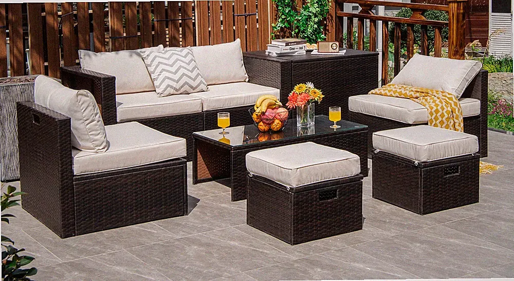 Patiojoy Patio 8PCS Rattan Furniture Set Space-Saving Storage Cushion Off White