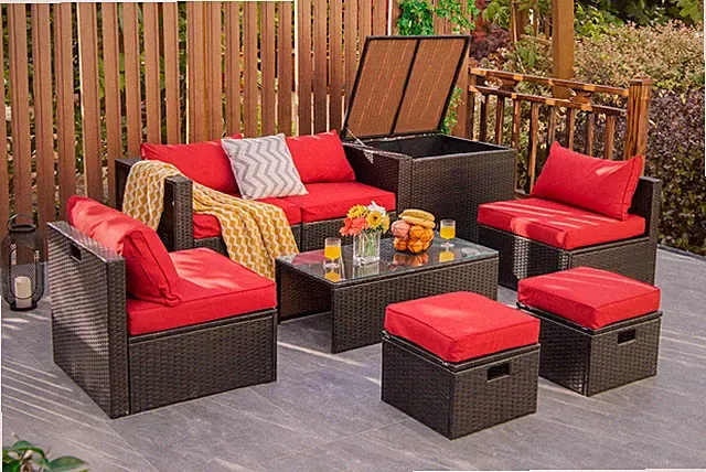 Patiojoy Patio 8PCS Rattan Furniture Set Space-Saving Storage Cushion Red