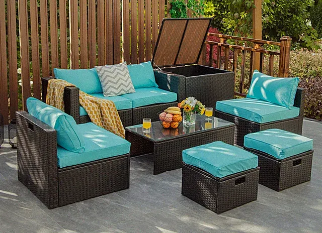 Patiojoy Patio 8PCS Rattan Furniture Set Space-Saving Storage Cushion Turquoise