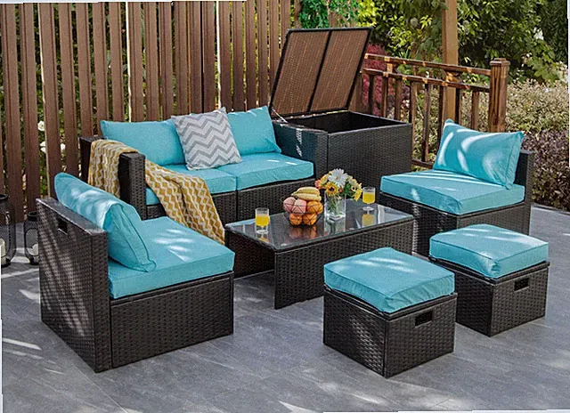 Patiojoy Patio 8PCS Rattan Furniture Set Space-Saving Storage Cushion Turquoise
