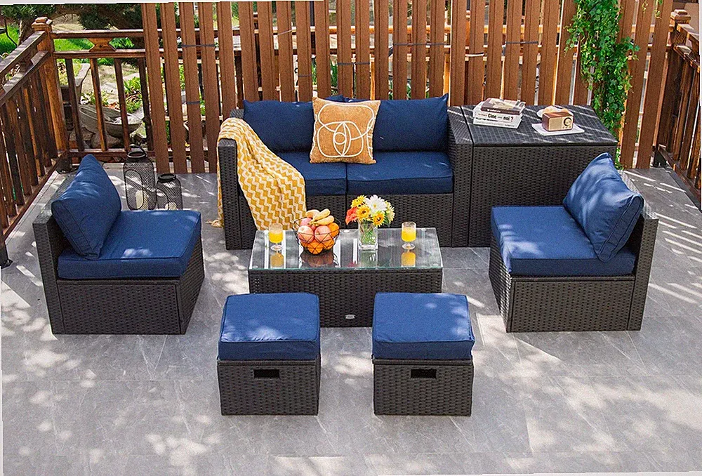 Patiojoy Patio 8PCS Rattan Furniture Set Storage Table Ottoman Navy