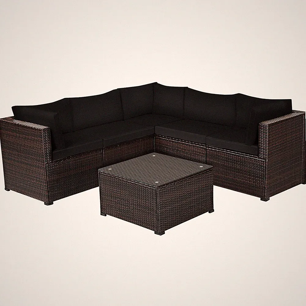 Patiojoy Patio Rattan Furniture Set 6PCS Sectional Cushioned Sofa Deck Black