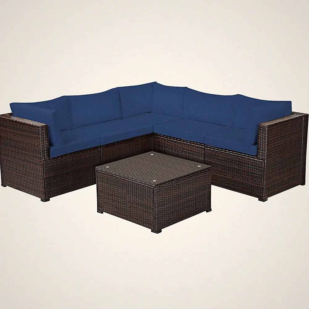 Patiojoy Patio Rattan Furniture Set 6PCS Sectional Cushioned Sofa Deck Navy