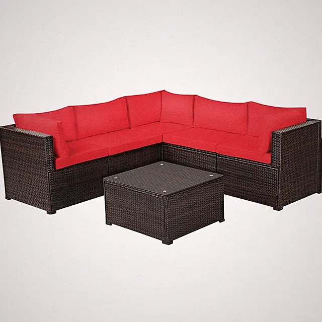 Patiojoy Patio Rattan Furniture Set 6PCS Sectional Cushioned Sofa Deck Red