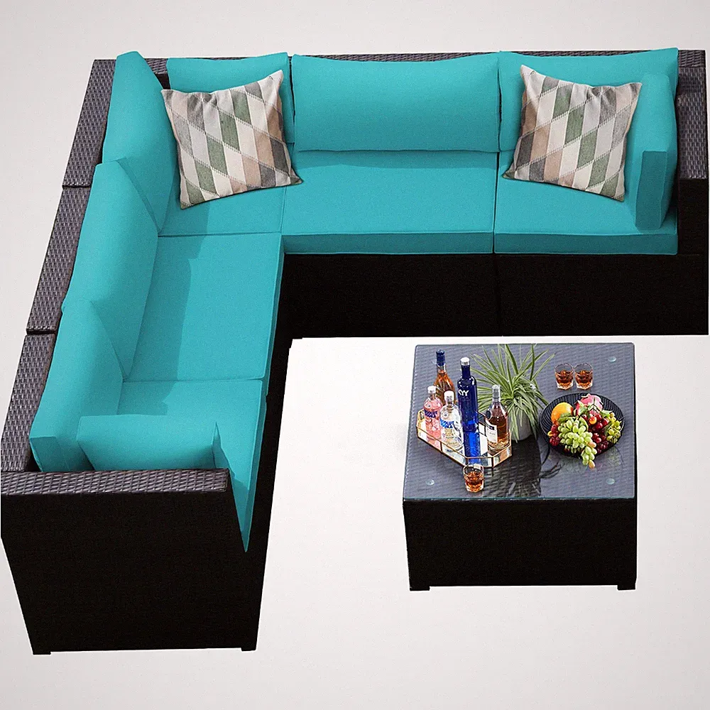 Patiojoy Patio Rattan Furniture Set 6PCS Sectional Cushioned Sofa Deck Turquoise