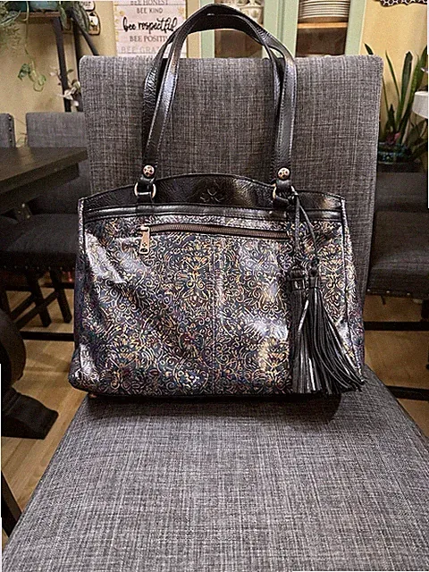 Patricia Nash Bag, Black with Gold floral outline, 3 sections, beautiful shape.