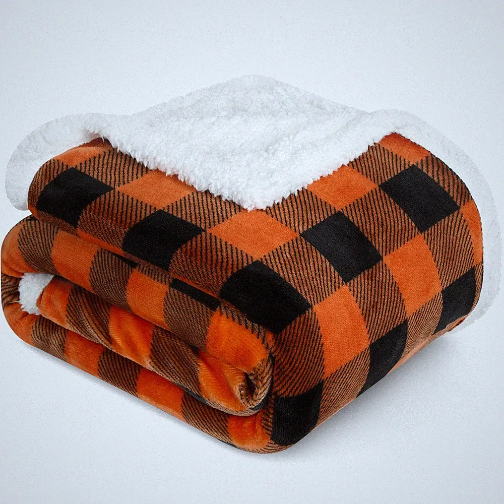 PAVILIA Checkered Sherpa Throw Blanket Couch Sofa Bed, Throw, Checker Orange