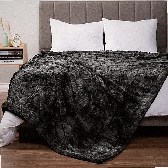 PAVILIA Soft Fuzzy Faux Fur Bed Blanket, Queen Tie-Dye Black, Fluffy Furry Warm