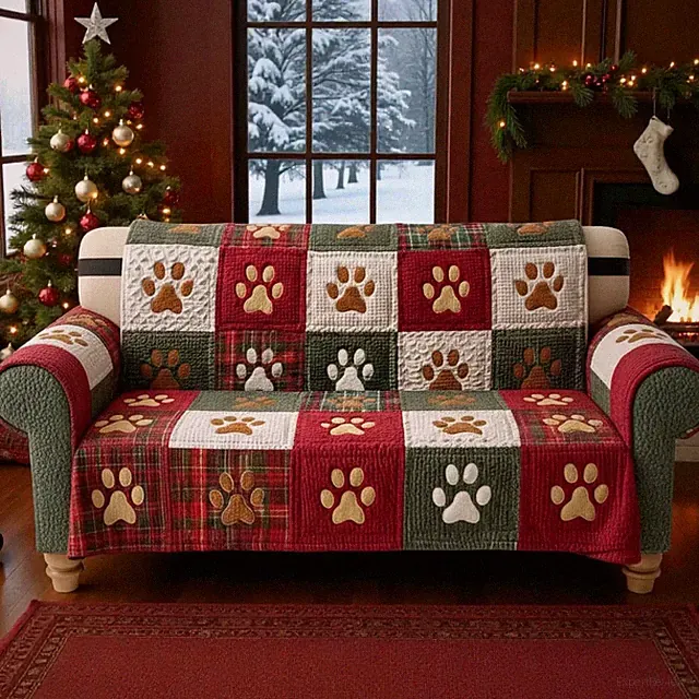 Paw Dog Quilted Sofa Cover Winter Decor Christmas Farmhouse Holiday Protector