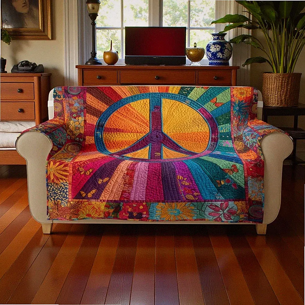 Peace Symbol Quilted Sofa Cover Boho Hippie Christmas Living Room Home Decor