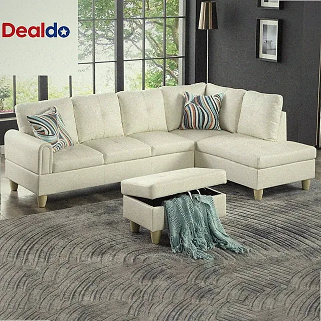 Pearl White L-Shaped 3-Piece Faux Leather Sofa with Storage Ottoman Set, Section