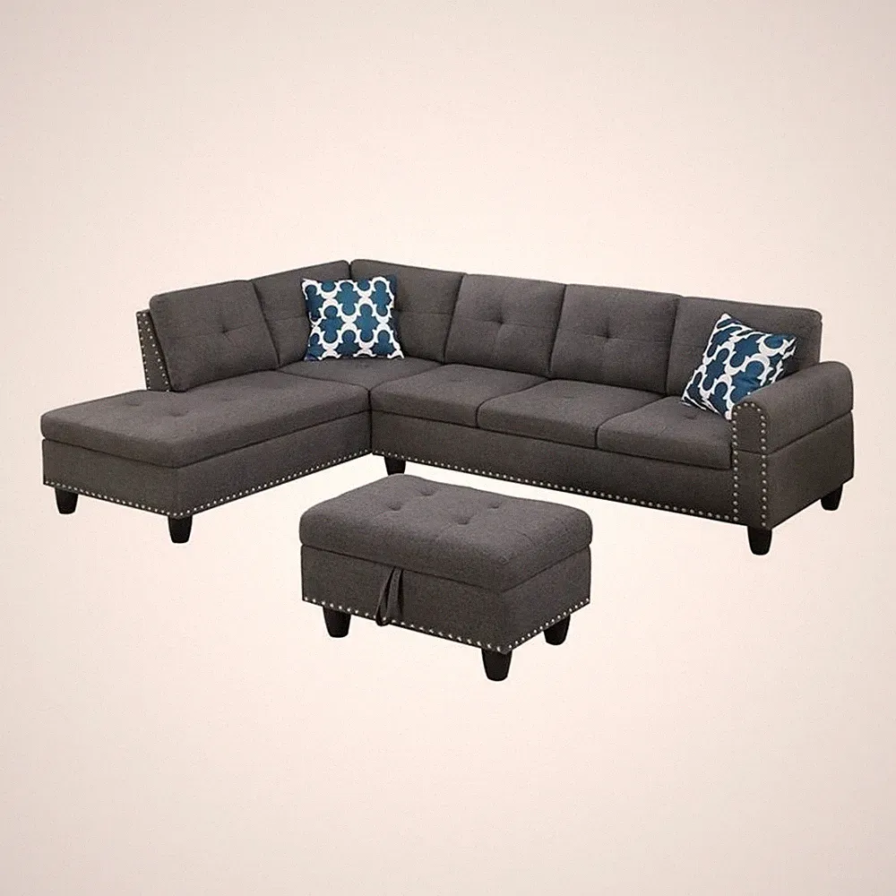 Pemberley Row Polyester Fabric Gray Sectional Sofa Rectangular Storage Ottoma...