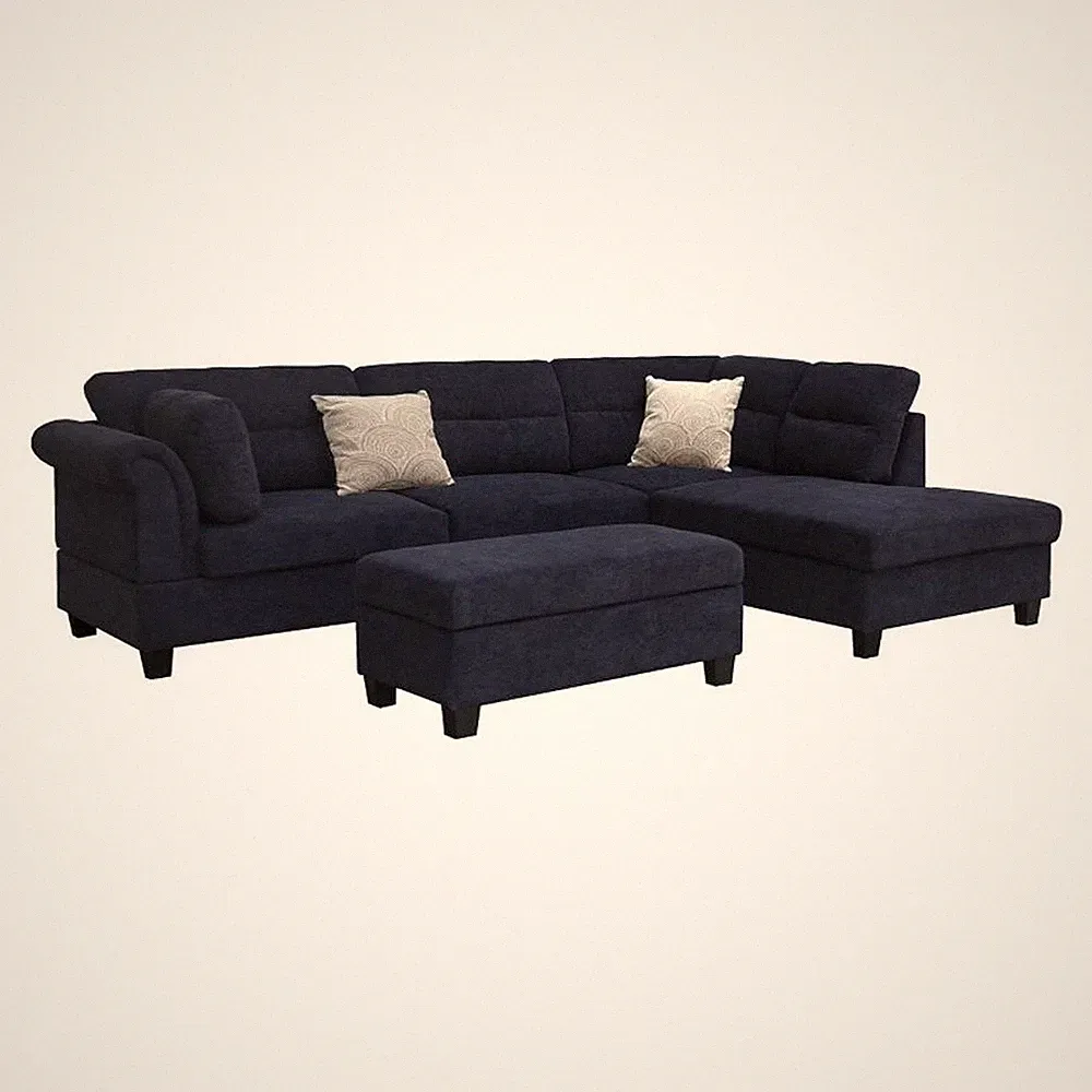 Pemberly Row 100" Black Fabric Chaise Sectional with Storage Ottoman & 2 Pillows