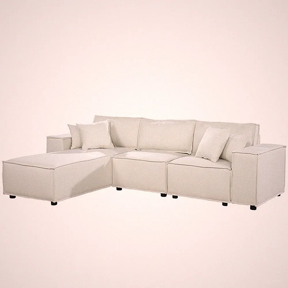 Pemberly Row 104" Beige Linen Reversible Chaise L-Shaped Sectional with Pillows