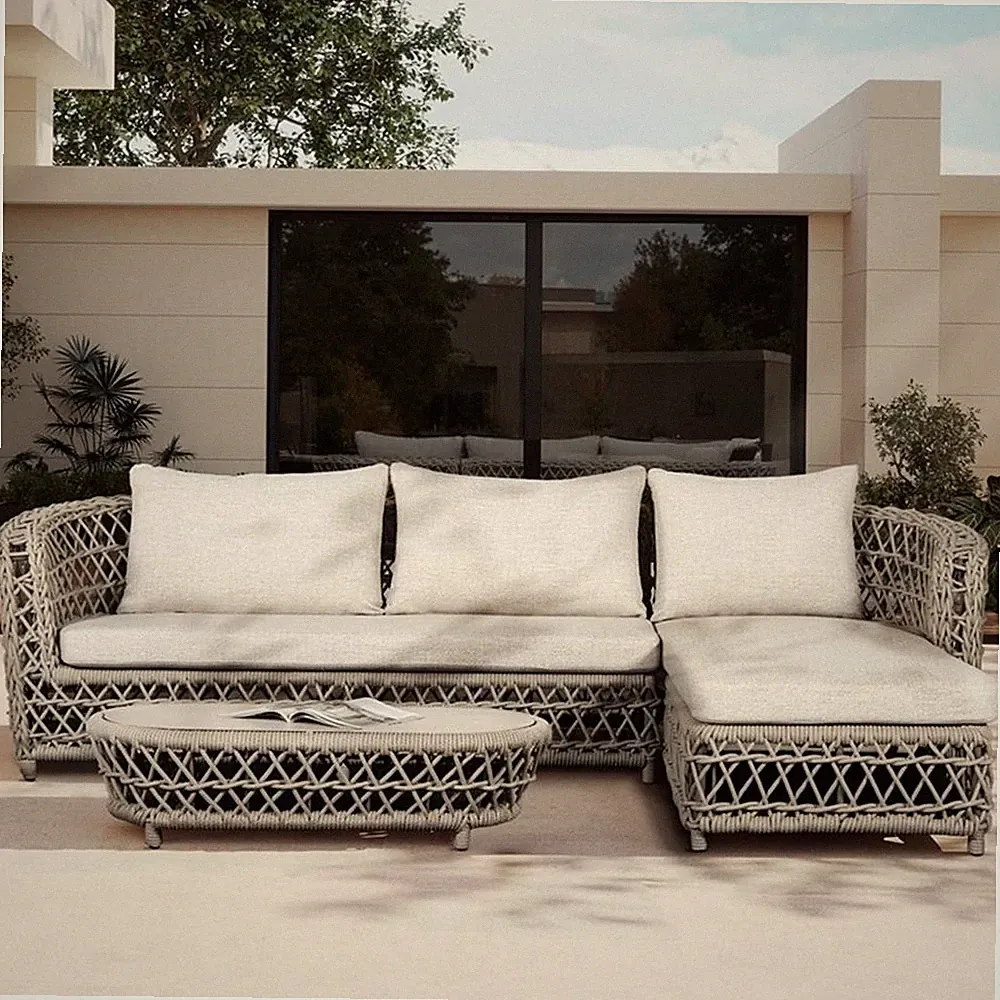 Pemberly Row 108" Woven Barrel Deep Seating Outdoor Sectional Sofa in Beige