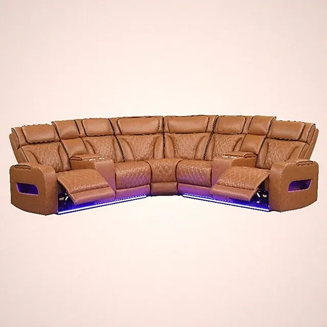 Pemberly Row 116" Light Brown Faux Leather Power Reclining Sectional with LED