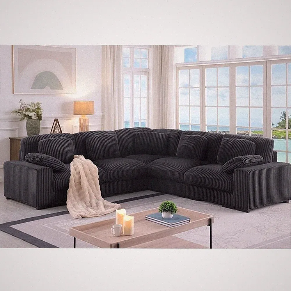 Pemberly Row 117" Charcoal Corduroy Reversible L-Shape Modular Sectional Sofa
