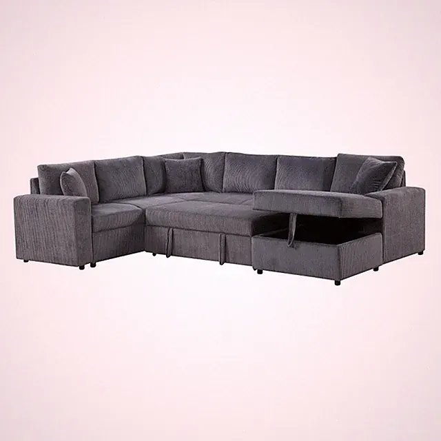 Pemberly Row 123" Gray Corduroy Sleeper Sectional with Storage Chaise