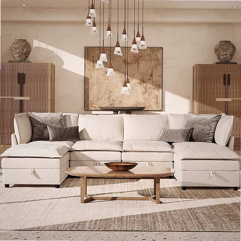 Pemberly Row 124" Modular U-Shaped Sectional with Storage in Beige Chenille