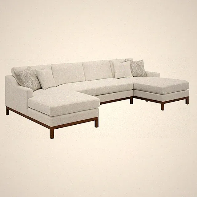 Pemberly Row 127" U Shape Sectional Sofa with 4 Accent Pillows in Ivory Chenille