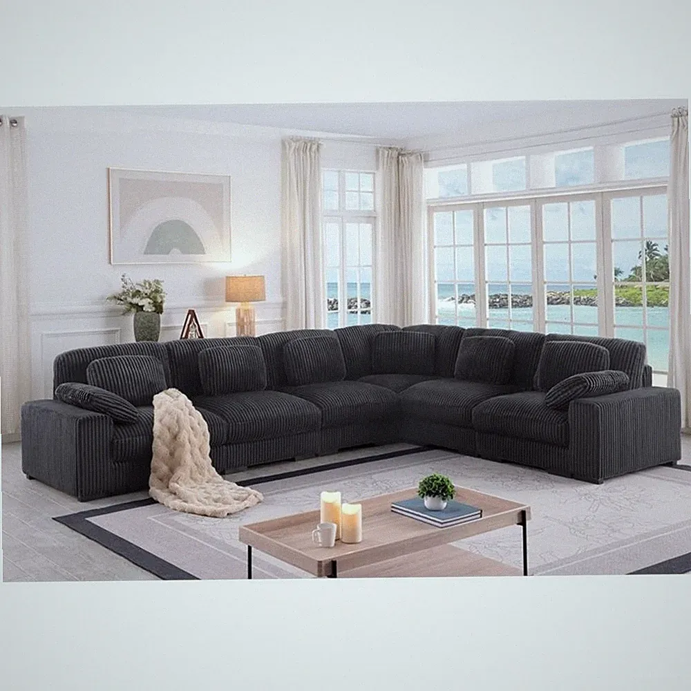 Pemberly Row 151" Charcoal Corduroy Reversible L-Shape Modular Sectional Sofa