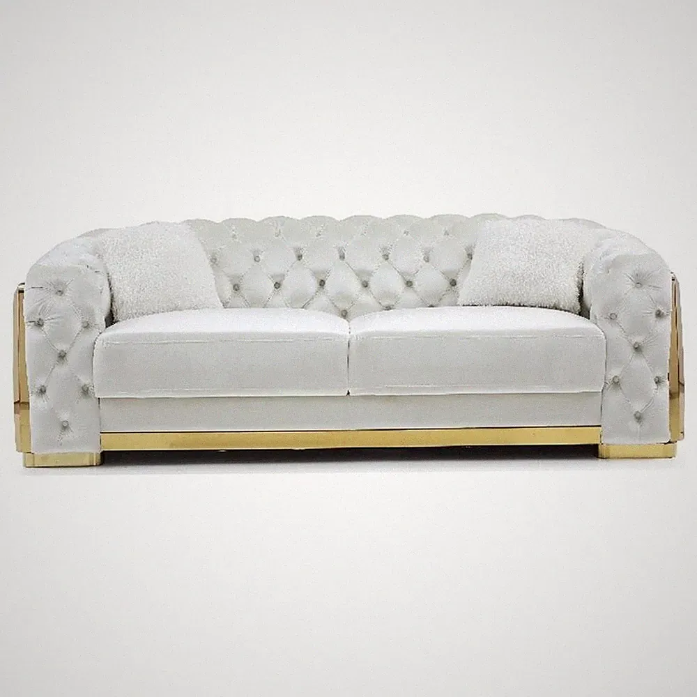 Pemberly Row 19"H Button-Tufted Velvet Sofa with Cushion in Ivory/Gold