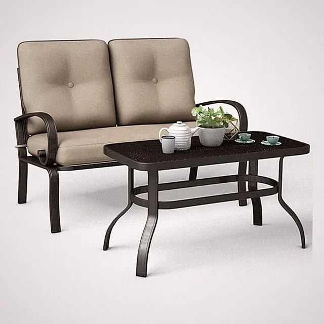 Pemberly Row 2 Pcs Steel Metal Patio Outdoor Furniture Set with Cushion in Beige